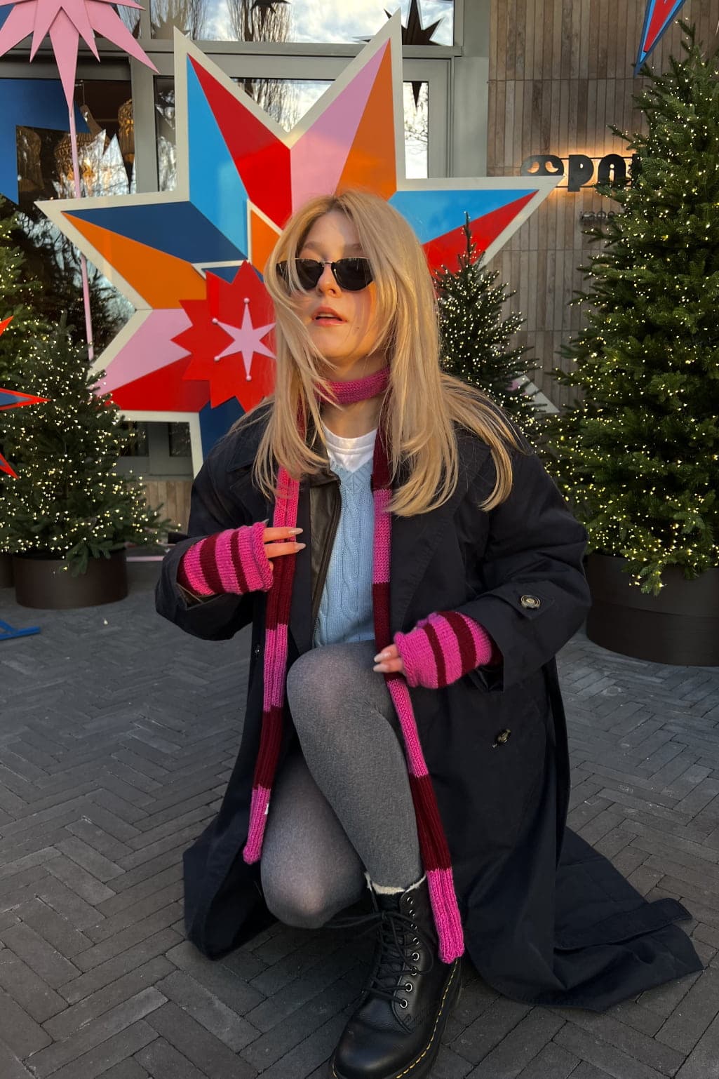 Striped Fingerless Gloves — Cherry