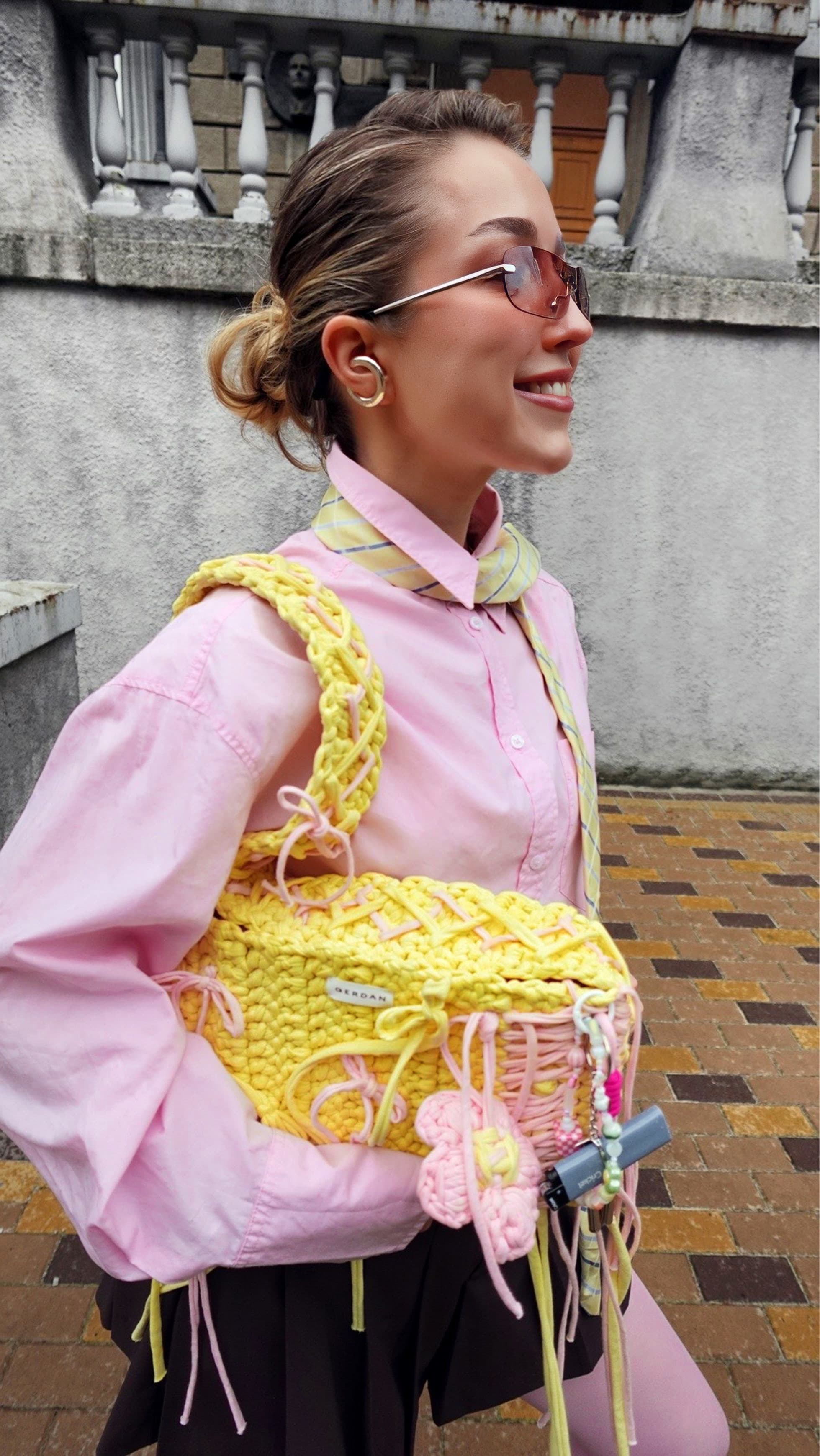 Model with beaded bag